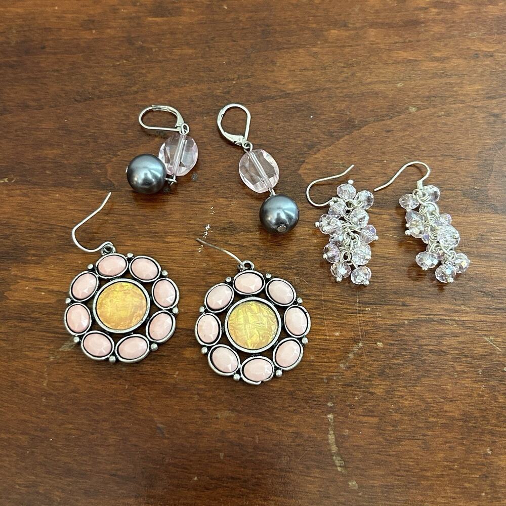 Lot of 3 Pairs Vintage Dangle Earrings – Beaded, Crystal, Pink & Silver Tone